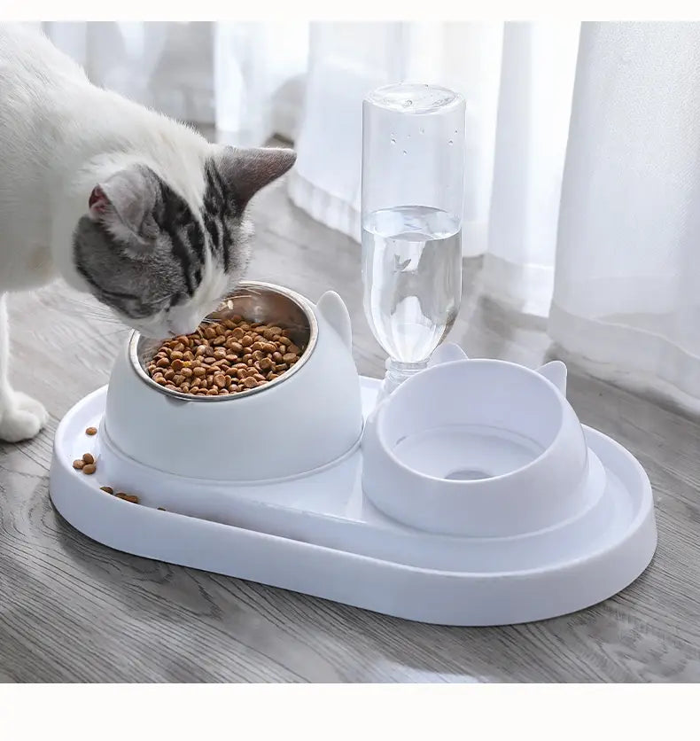 Bol pour chat surélevé en acier inoxydable blanc en forme de chat, avec protection contre le basculement, doté d'un bol alimentaire en acier inoxydable et d'un distributeur d'eau en verre transparent.