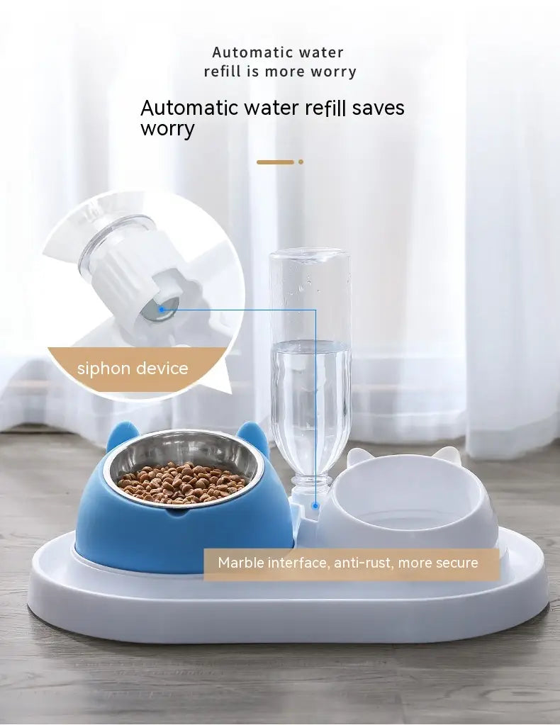 Bol pour chat surélevé en acier inoxydable avec protection contre le basculement, doté d'un distributeur automatique en forme de chat bleu avec bol en acier inoxydable et base en marbre.