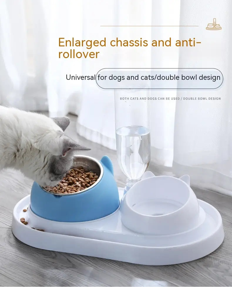 Bol pour chat surélevé en acier inoxydable bleu en forme de chat, avec protection contre le basculement, doté d'une base en plastique blanc