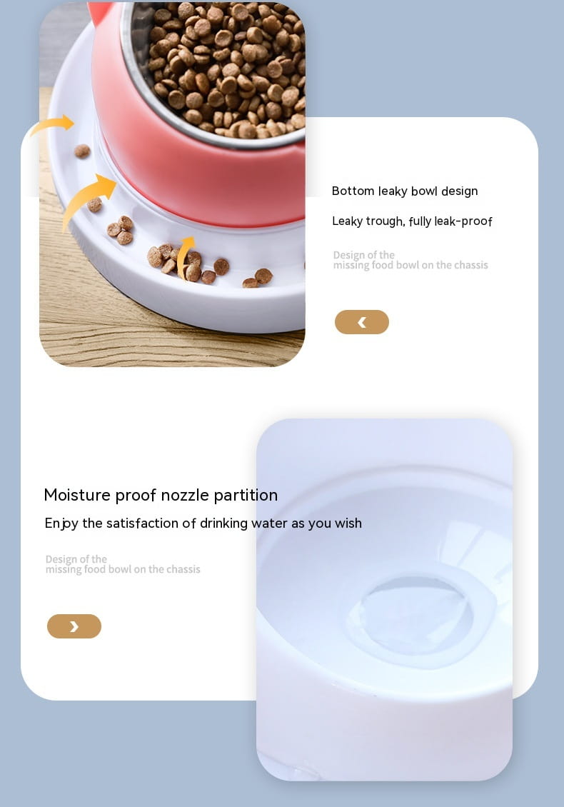 Bol pour chat surélevé en acier inoxydable rose et blanc, avec conception à double couche et auge inférieure étanche pour une protection contre le basculement.