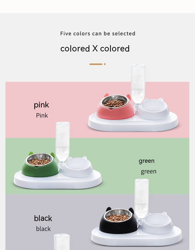 Bol pour chat surélevé en acier inoxydable avec protection contre le basculement, doté de bols d’alimentation en forme de chat rose, vert et noir, avec intérieurs en acier inoxydable montés sur une base blanche.