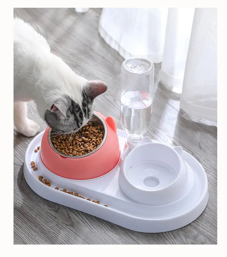 bol pour chat surélevé en acier inoxydable avec protection contre le basculement, doté d'un distributeur pour animaux de compagnie sur le thème du chat rose et blanc avec distributeur d’eau intégré