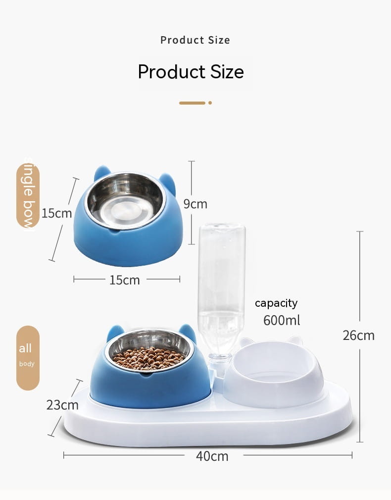 Bol pour chat surélevé en acier inoxydable bleu en forme de chat, avec protection contre le basculement, doté d'une fixation de bouteille d’eau transparente pour l'alimentation du chat.