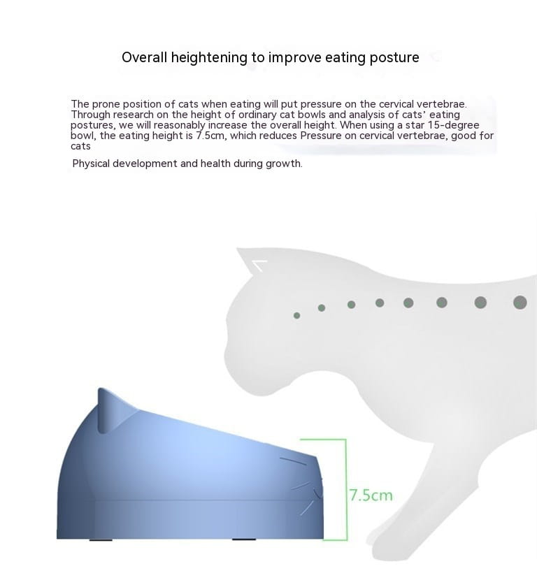 bol pour chat en plastique bleu avec un design à 15 degrés en forme d’étoile, destiné à une posture ergonomique de prise alimentaire, faisant partie d'un ensemble de bol pour chat surélevé en acier inoxydable avec protection contre le basculement