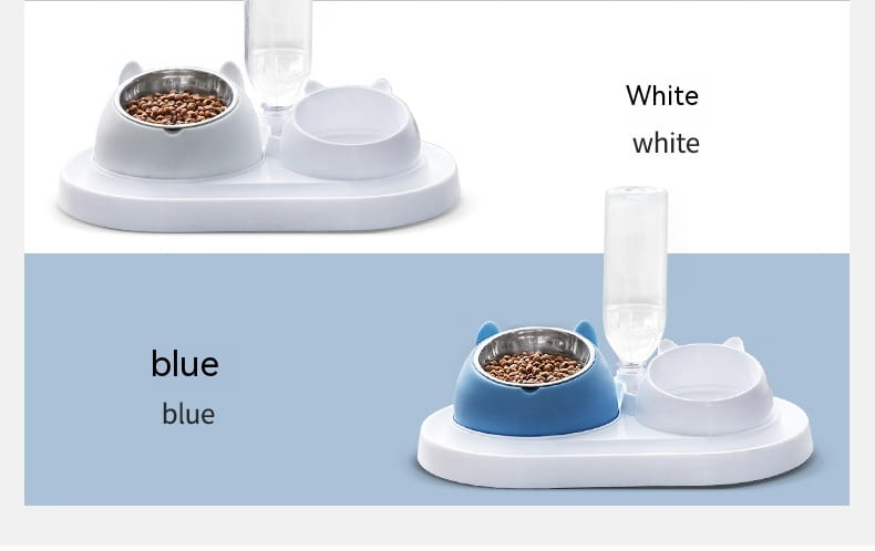 Bol pour chat surélevé en acier inoxydable avec protection contre le basculement, doté d'un design de distributeur pour animaux en forme de chat bleu et blanc et d'un bol alimentaire en acier inoxydable.