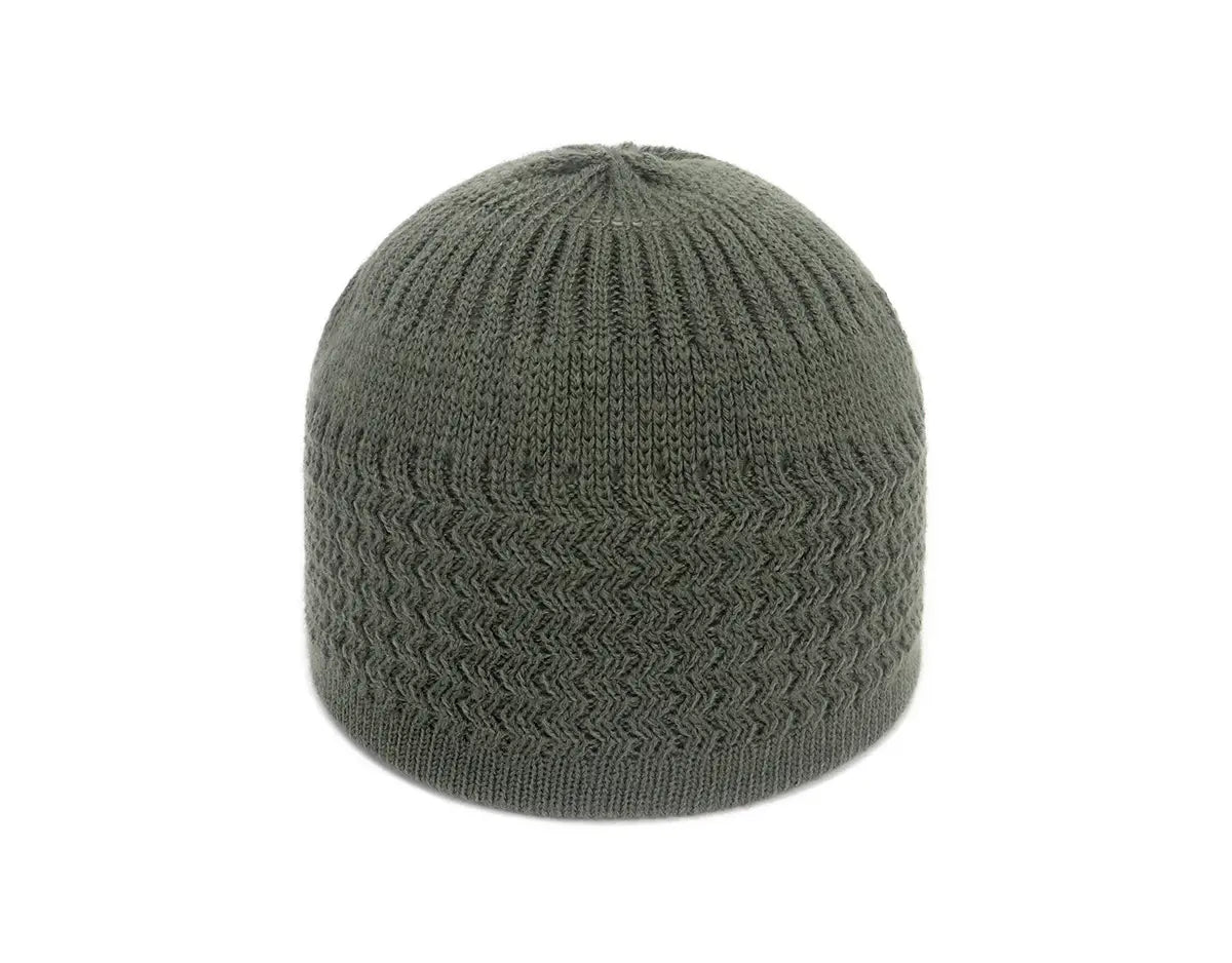 olive green knitted jacquard winter beanie hat with ribbed texture and subtle chevron pattern suitable for cold weather.
