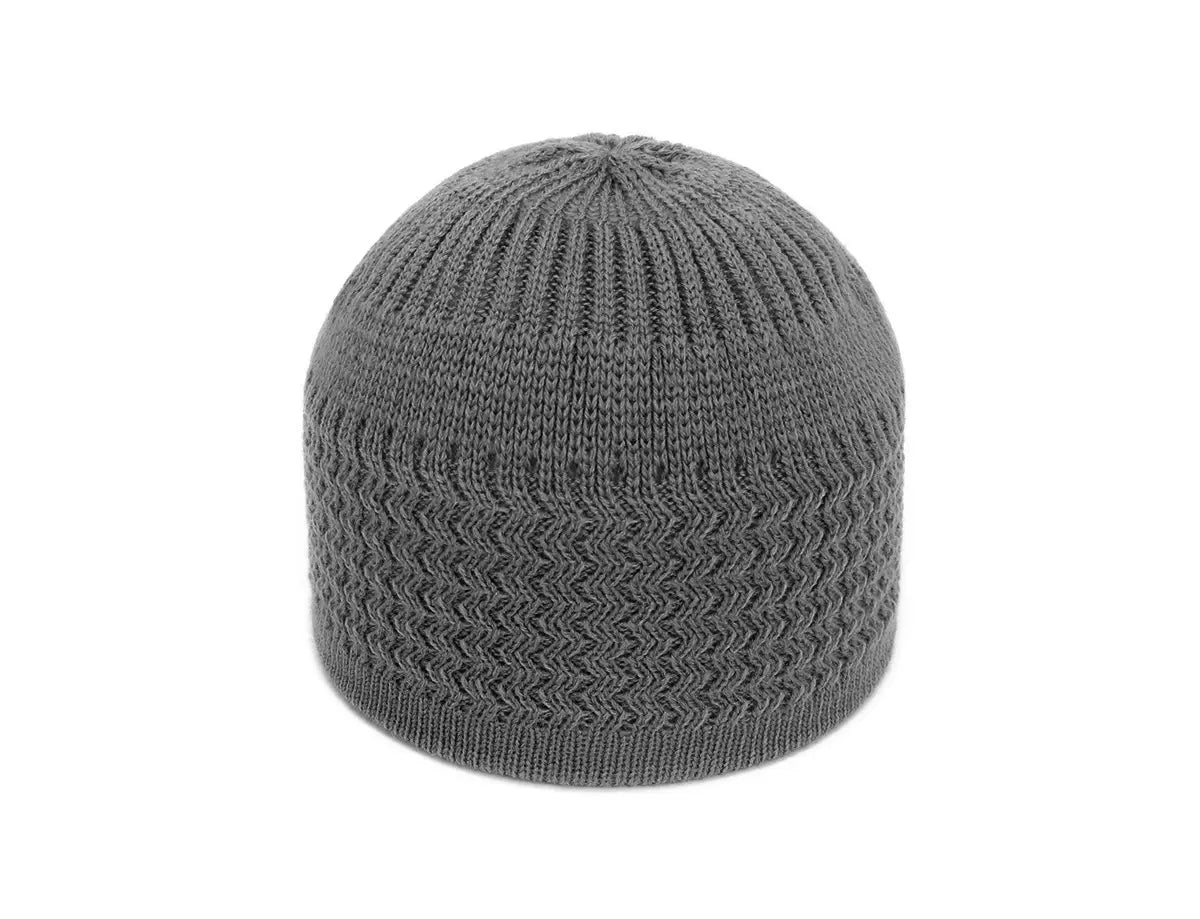 A gray knitted jacquard winter beanie hat featuring a ribbed top and chevron-patterned body.