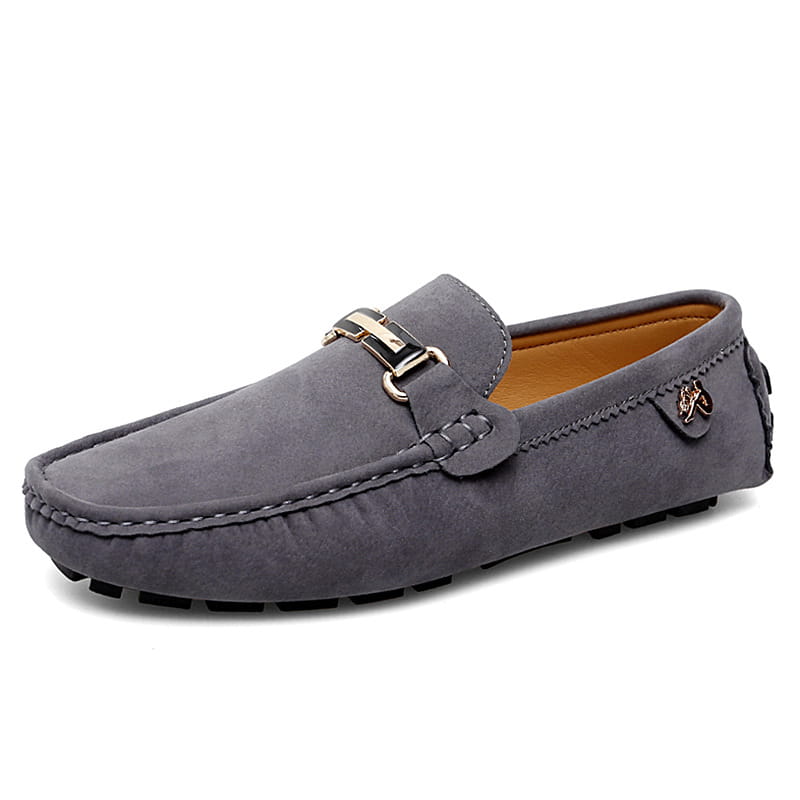 Herren-Slipper aus Samtleder mit Horsebit-Design in Grau, mit goldfarbenem Horsebit und tanfarbener Innenauskleidung, handgefertigte Gommino-Schuhen.