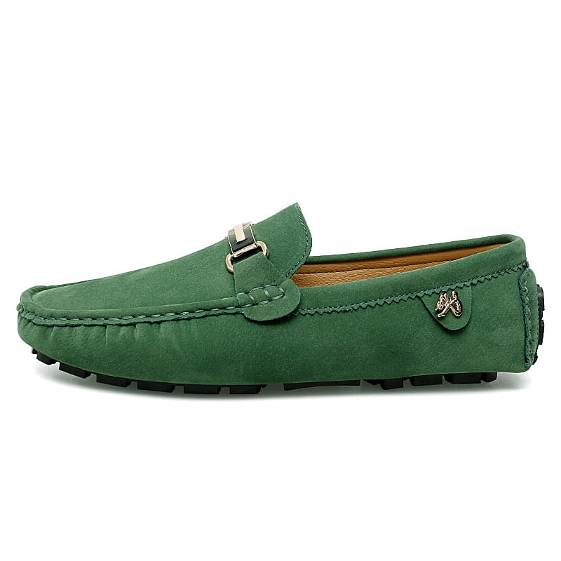 Grüne Samtleder-Herren-Horsebit-Slipper mit metallischer Schnalle und schwarzer Gummisohle, handgefertigte Gommino-Schuhen.