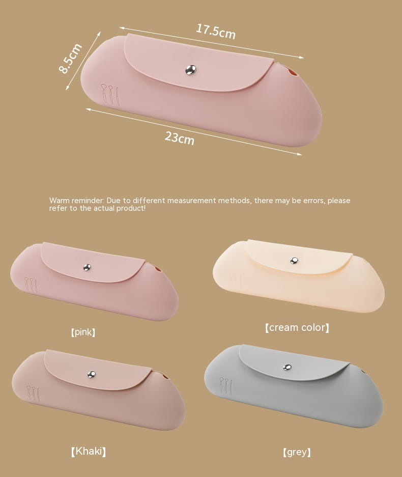 Ein weiches Silikon-Brillenetui in hellem Rosa mit minimalistischem Design und dezentem, erhabenem Logo zur Verwendung als Make-up-Pinsel-Reisetafel.