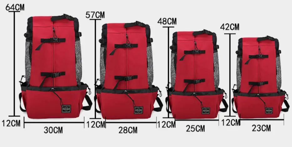 Sacs à dos rouges de transport pour chien avec sangles noires et panneaux latéraux en mesh, proposés en quatre tailles pour les déplacements portables.