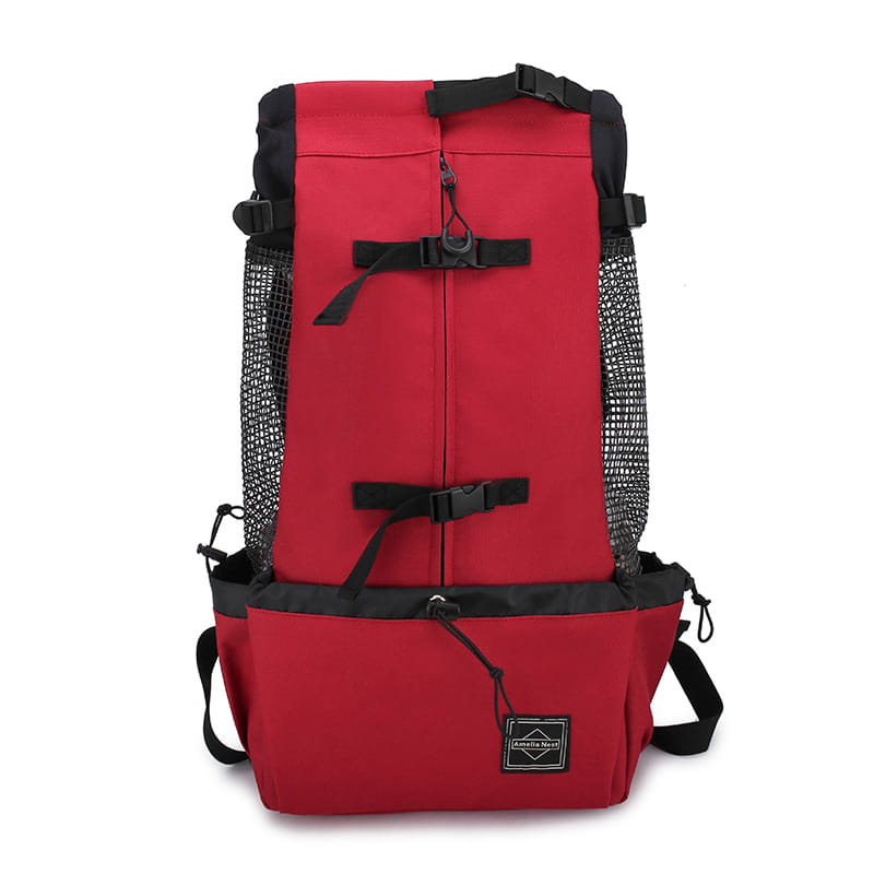 Sac à dos rouge et noir pour chien avec panneaux latéraux en mesh, sangles réglables et poche avant, conçu pour les déplacements portables.
