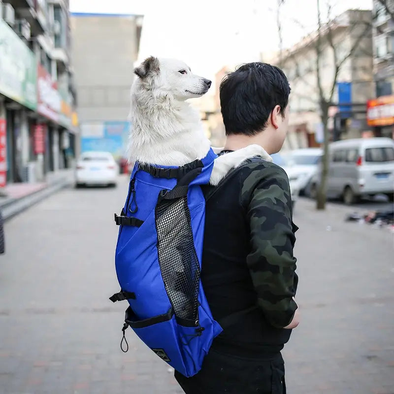 sac à dos bleu pour chien avec panneau latéral en mesh noir et sangles réglables, conçu comme un sac de voyage en mesh portable pour les transporteurs pour animaux de compagnie
