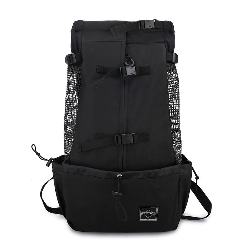 Sac à dos noir de transport pour chien, sac de voyage portable en maille, montrant la face arrière avec panneaux latéraux en mesh et sangles réglables.
