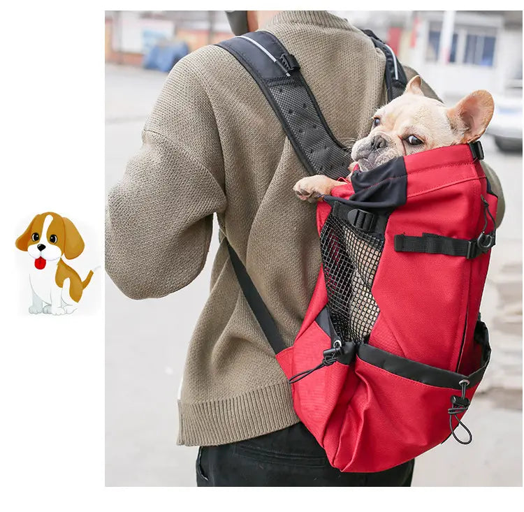 sac à dos rouge et noir de transport pour chien, doté de panneaux latéraux en mesh pour la ventilation et d’un usage en déplacements portables