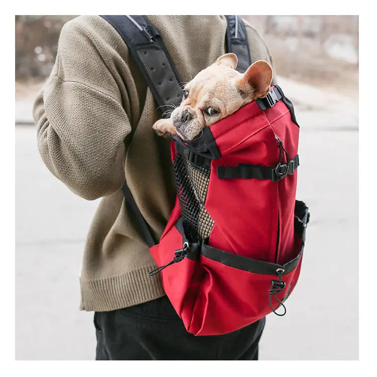 Sac à dos rouge et noir de transport pour chien avec panneau latéral en mesh, conçu comme un sac de voyage portable