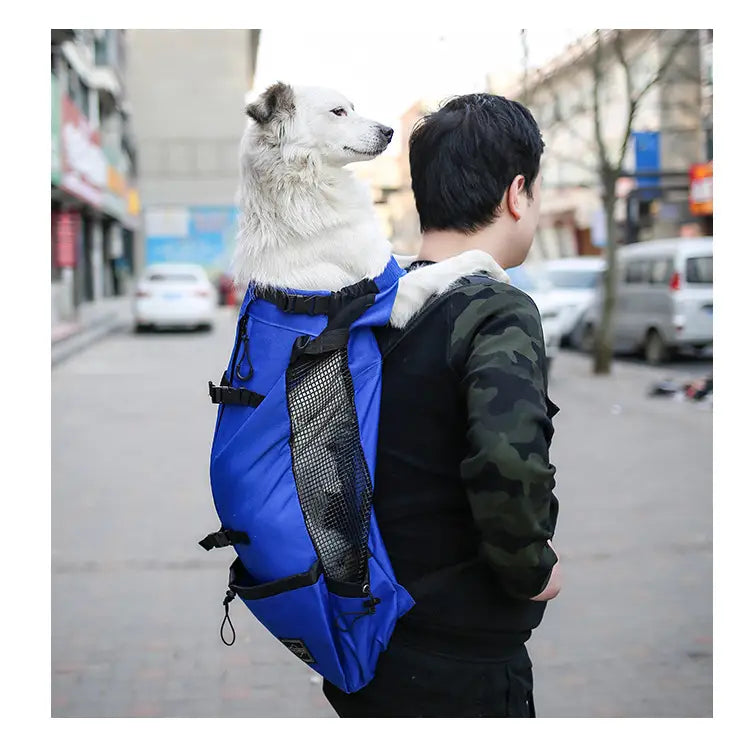 Sac à dos de transport bleu pour chien avec panneau latéral en mesh noir et sangles réglables, conçu comme un sac de voyage en maille portable.