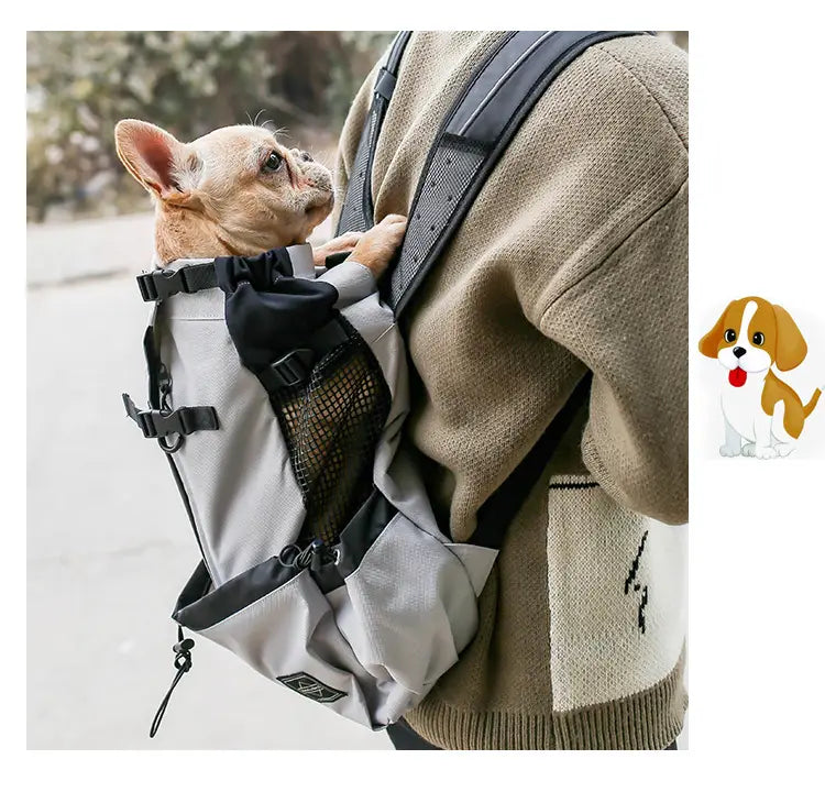 sac à dos gris et noir de transport pour chien avec panneau latéral en mesh, conçu pour les déplacements portables et pour transporter de petits chiens