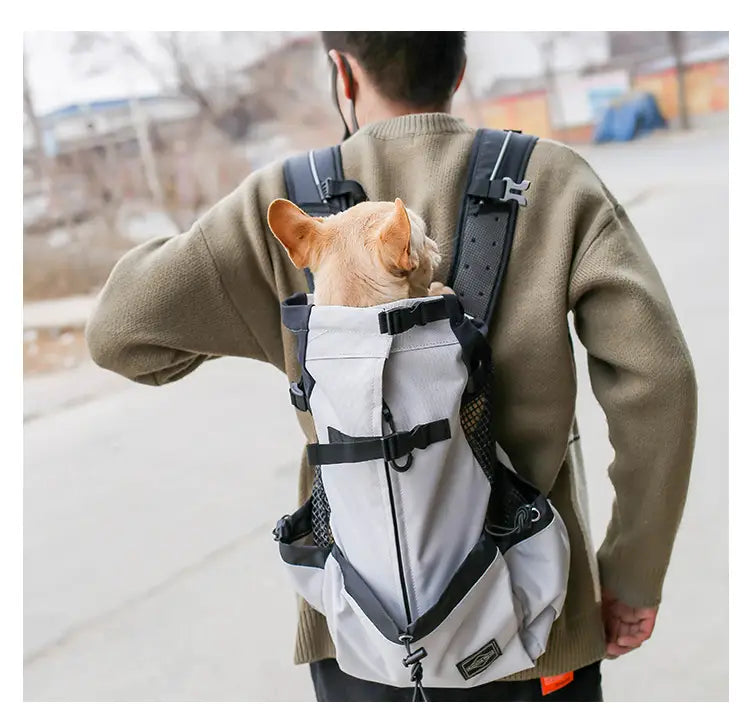 Sac à dos gris et noir de transport pour chien en maille, avec sangles réglables et panneaux latéraux en mesh respirant, présenté depuis la face arrière