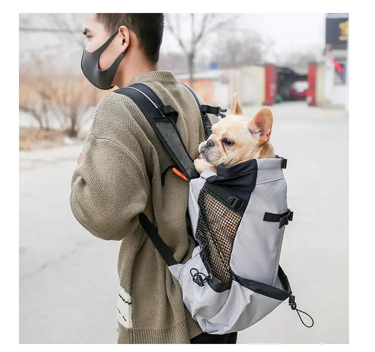 Sac à dos gris et noir de transport pour chien, avec panneau latéral en mesh, pour les déplacements portables et la ventilation