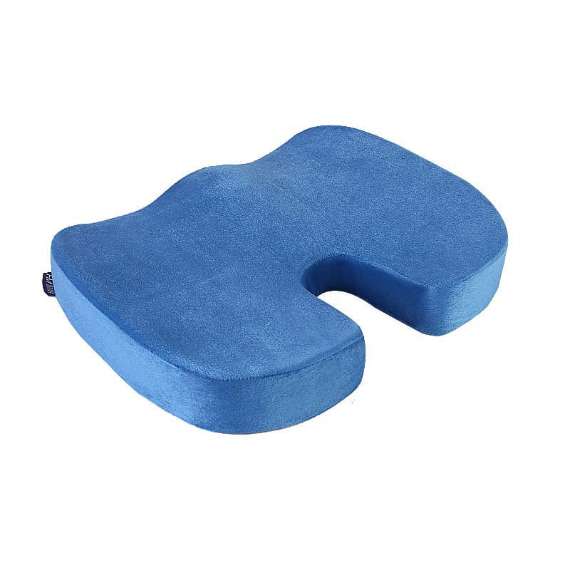 Chaise de bureau en mousse à mémoire de forme bleue, coussin en maille en forme de U, avec conception profilée et texture douce et moelleuse pour un confort d’assise amélioré.