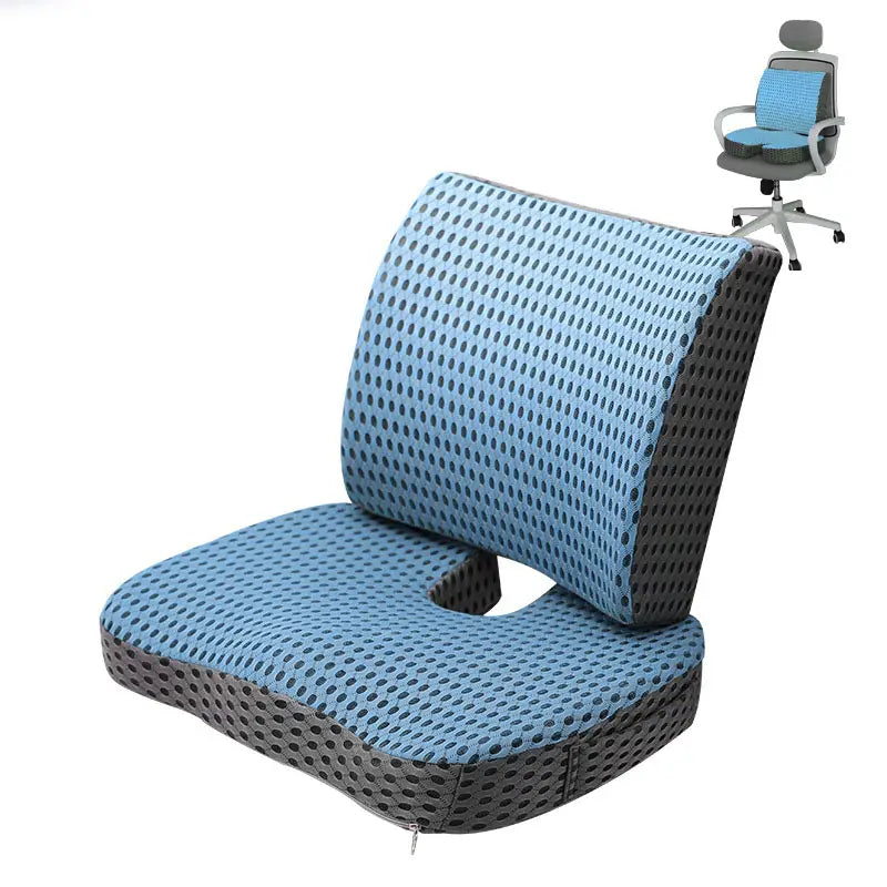 Ensemble de chaise de bureau ergonomique en mousse à mémoire de forme bleue et noire, coussin en maille perforée en forme de U, avec assise et dossier profilés