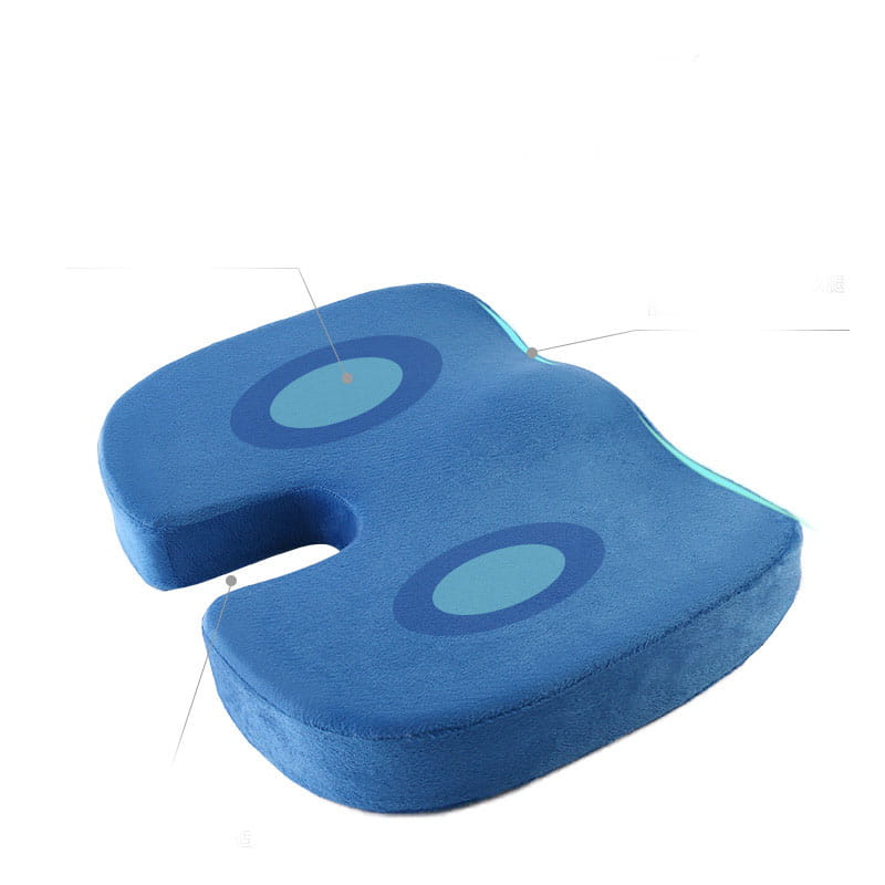 Chaise de bureau en mousse à mémoire de forme, coussin en forme de U en bleu, avec deux ouvertures circulaires et une doublure intérieure bleu clair en mousse à mémoire de forme, pour un confort d’assise ergonomique.