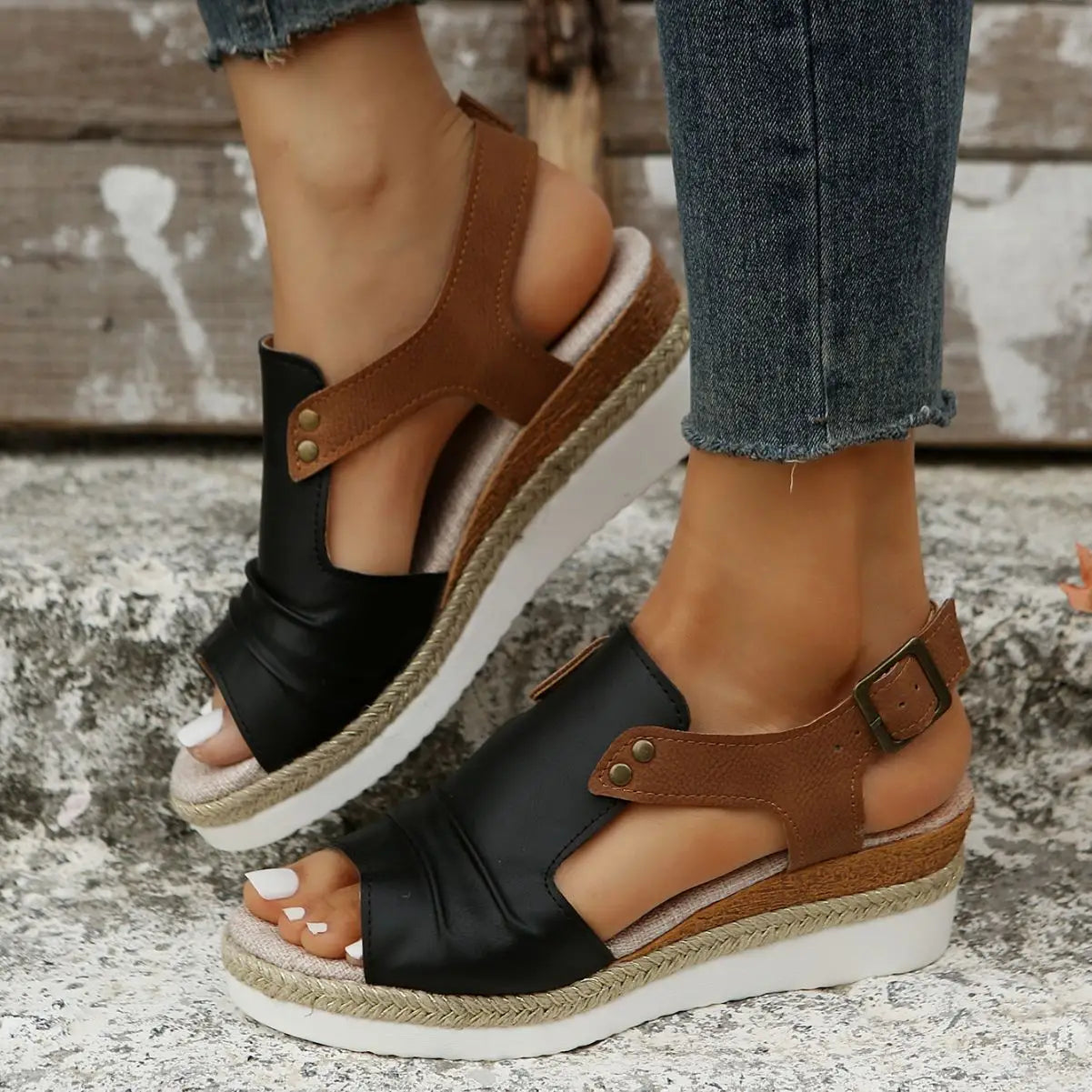 black and brown leather wedge sandals with braided rope sole peep toe espadrille beach shoes for women