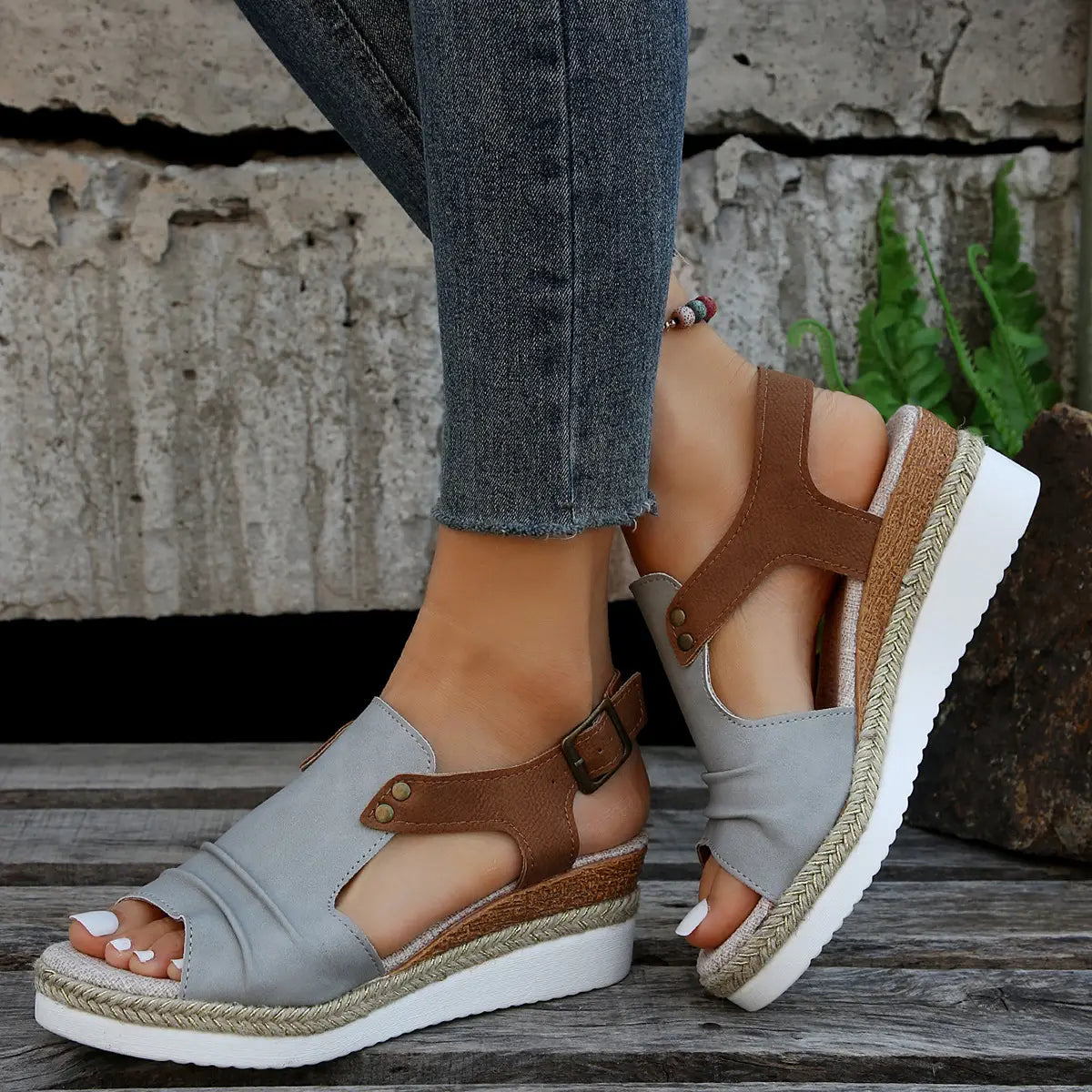 Gray and brown wedge sandals for women featuring a peep toe design and woven rope sole perfect for beach use