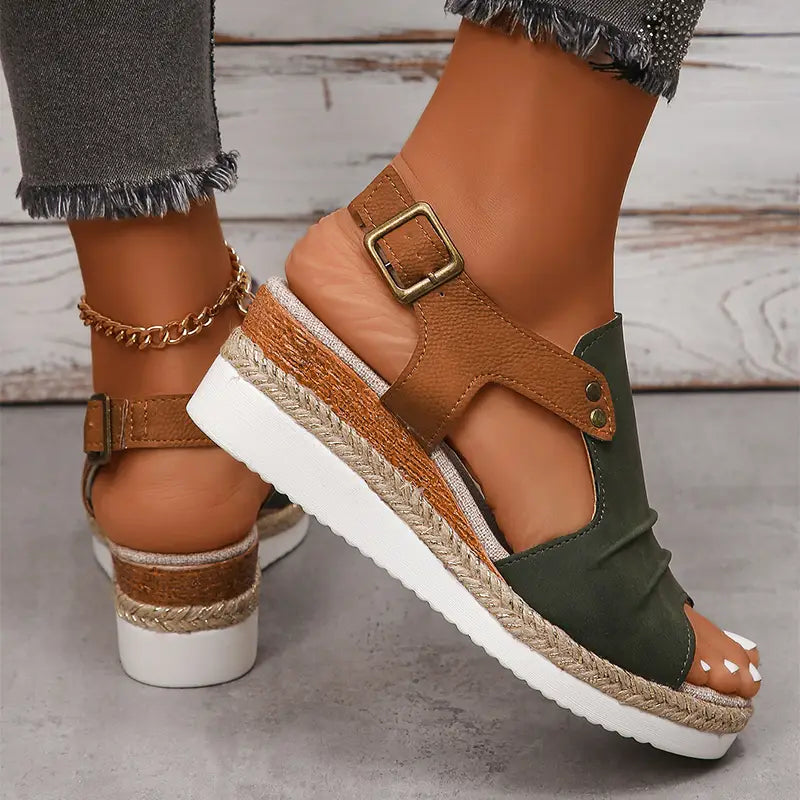 Wedge sandals women peep toe espadrille beach shoes in olive green and tan featuring a braided rope sole, adjustable ankle strap, and gold-tone buckle.