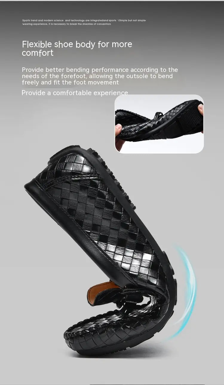 Mocassins en cuir tressé noirs à enfiler, avec semelle souple et conception respirante pour un usage décontracté