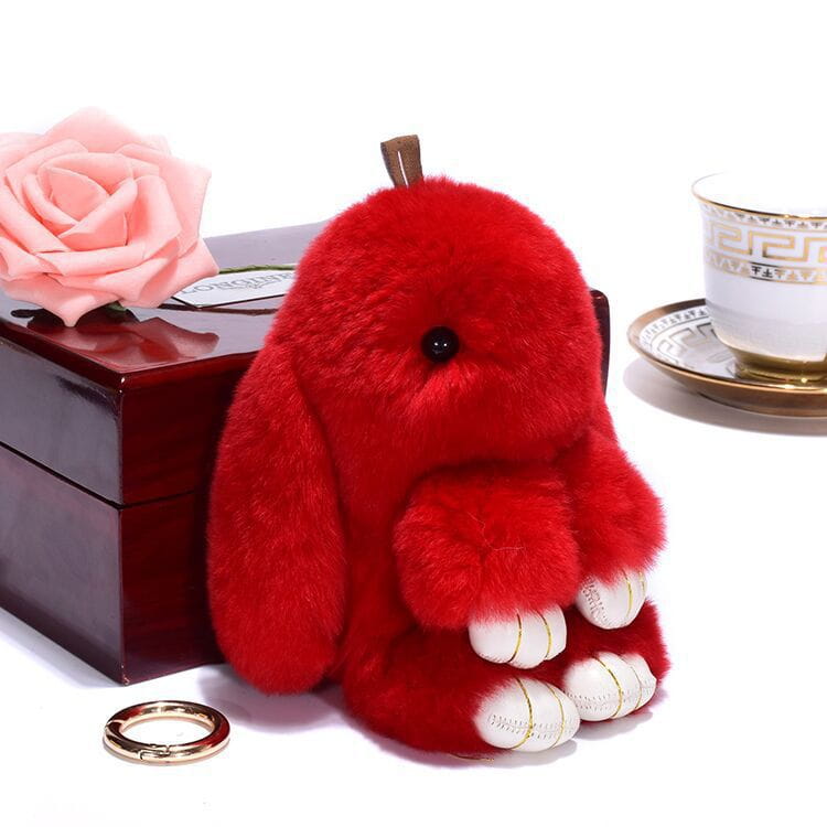 red plush bunny keychain with white paw pads and gold stitching soft fuzzy animal pendant 15cm