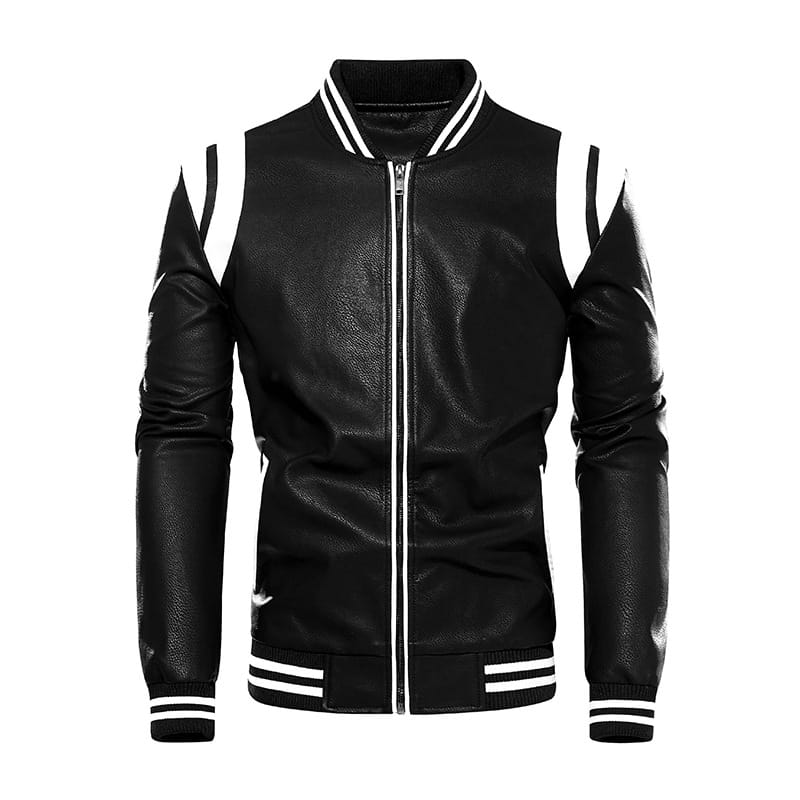 Veste bombardier en cuir noir avec des accents rayés blancs sur le col, les manches et les poignets.