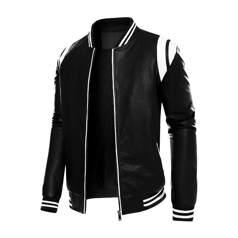 Veste bombardier en cuir noir avec des accents rayés blancs sur le col, les manches et les poignets.