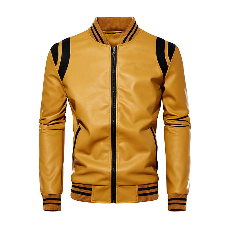 Veste bombardier en faux cuir jaune moutarde avec des accents rayés noirs et bruns sur le col, les manches, les poignets et la ceinture.