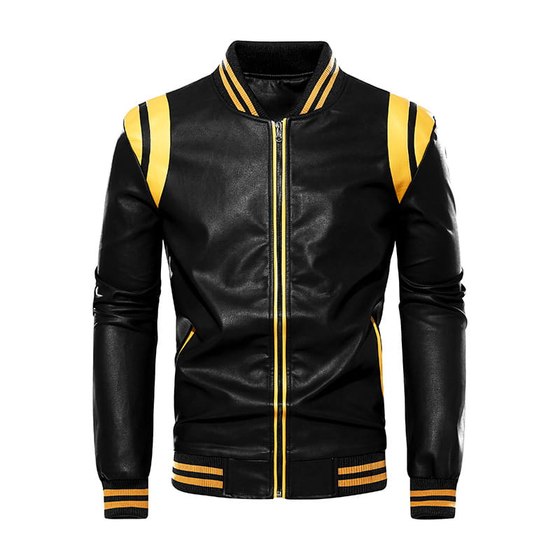 Veste bombardier en cuir noir avec des rayures jaunes marquées sur les épaules, le col, les poignets et la ceinture.