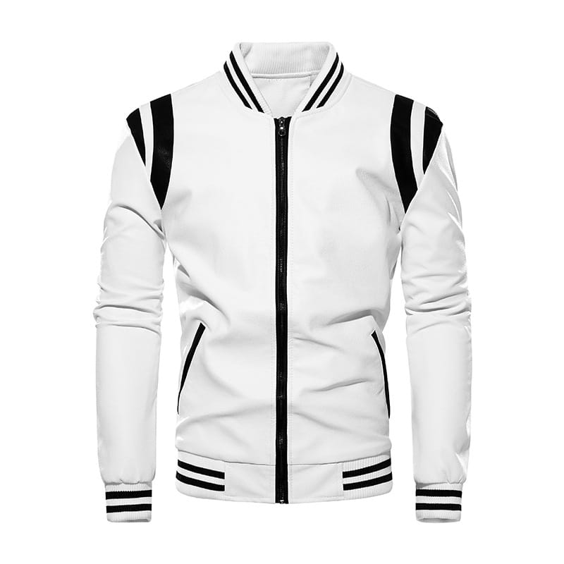 Veste bombardier en cuir blanc avec des rayures noires sur les épaules, le col, les poignets et l’ourlet, vue de dos