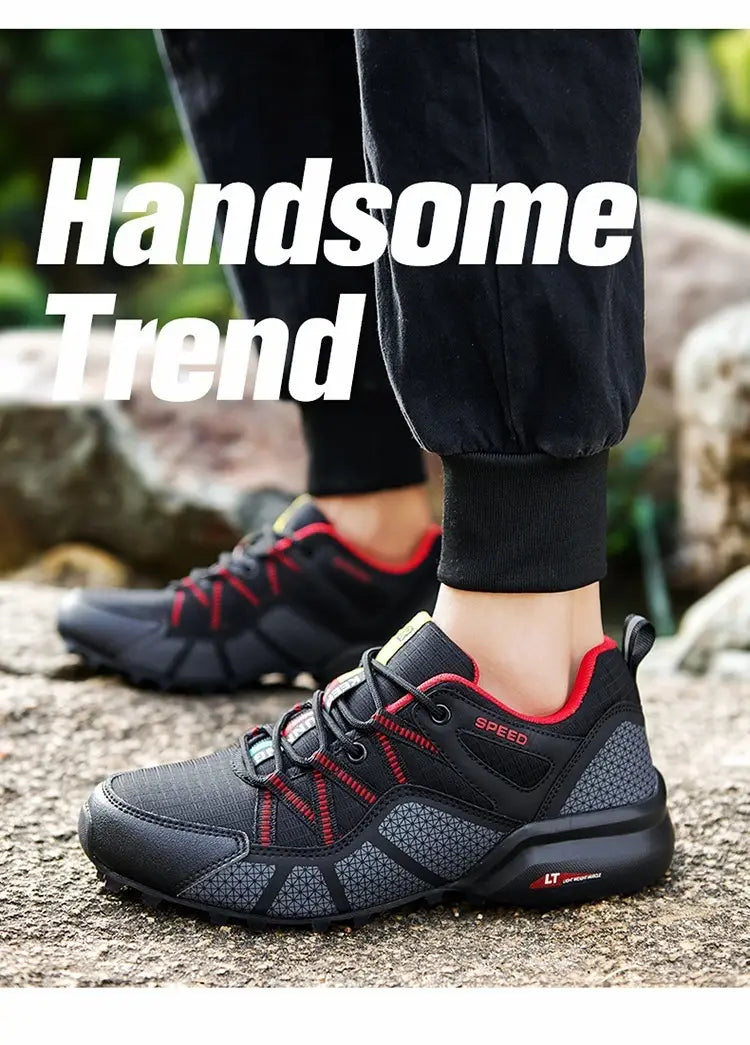 Men’s breathable mesh trail running and hiking shoes in black and red featuring a mesh upper, rubber outsole, and speed branding on the side.