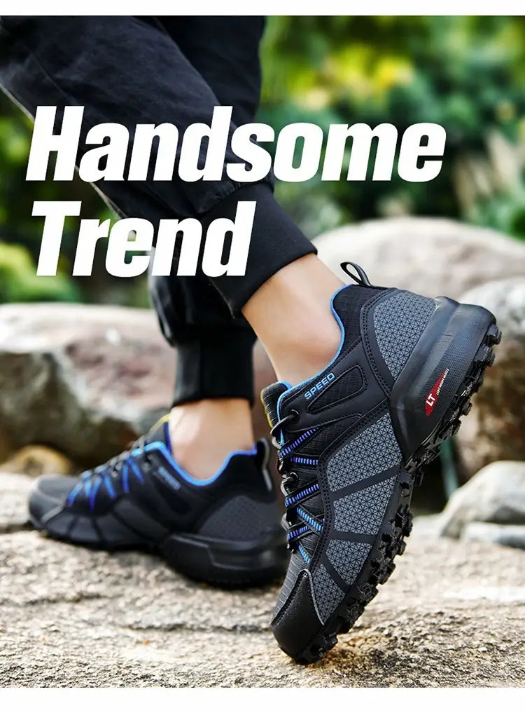 Men’s breathable mesh trail running and hiking shoe in black and blue with mesh upper, rubber outsole, and speed branding on the side.