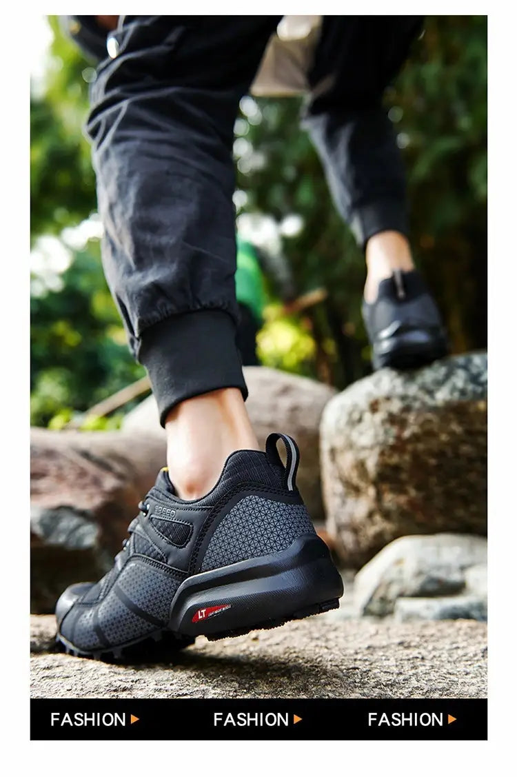Men’s breathable black mesh and synthetic leather trail running and hiking shoe with rugged sole.