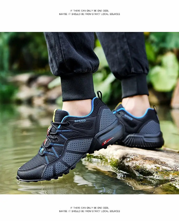 Men’s breathable mesh trail running and hiking shoes in black and blue with mesh upper rubber outsole and speed branding on the side.
