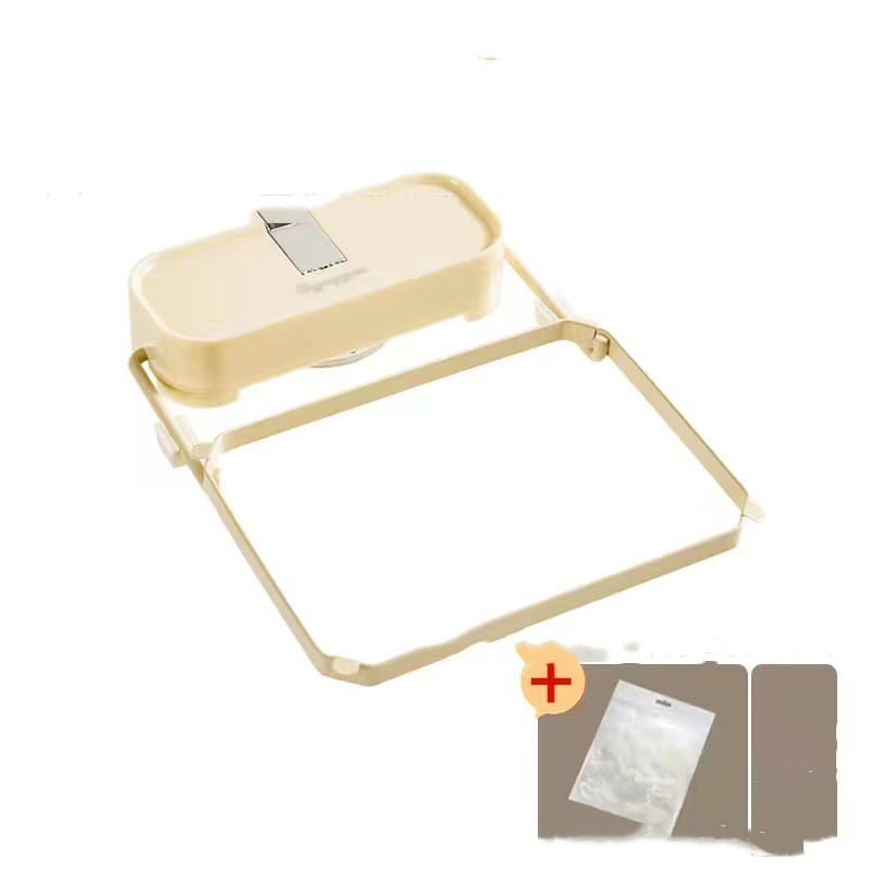 Beige plastic and metal kitchen sink filter rack with hinged lid and mesh strainer bags designed as an adjustable countertop organizer.