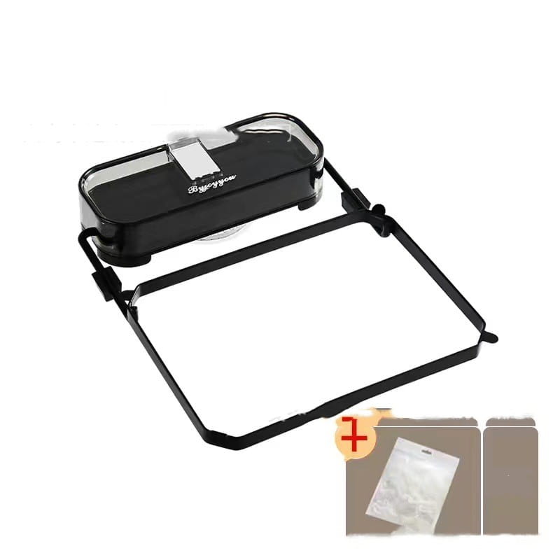 Black plastic and clear acrylic desktop document holder with clip mechanism for organizing kitchen sink filter rack with mesh strainer bags.