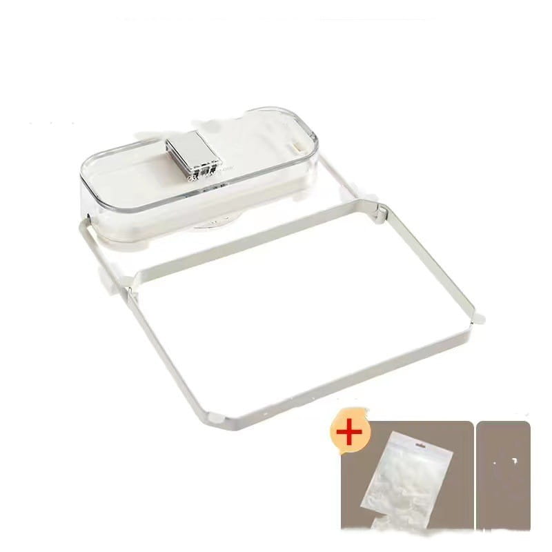 Kitchen sink filter rack with mesh strainer bags featuring a clear plastic wall-mounted spice rack design with a silver-toned magnetic lid and white base frame.