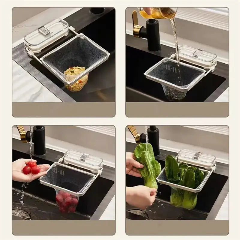 Clear plastic kitchen sink filter rack with mesh strainer bags featuring a mesh interior and hinged lid for easy cleaning.