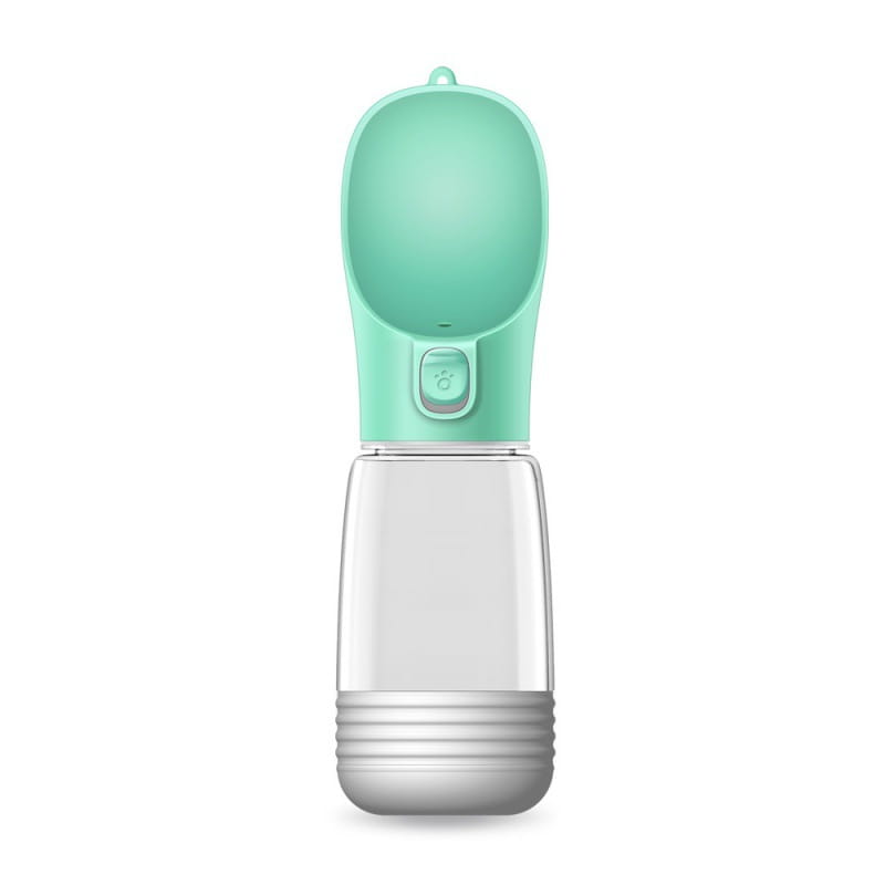 Eine elegante, mintgrüne tragbare Hundenflasche mit Wasserspender, mit transparentem Reservoir und strukturierter grauer Basis für eine einfache Flüssigkeitsaufnahme unterwegs.