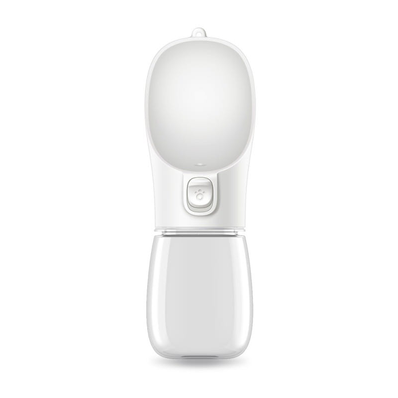 Tragbare Hundenflasche mit Wasserspender aus weißem Kunststoff mit schlankem, ergonomischem Design und einem seitlichen Druckknopf für eine einfache Handhabung.