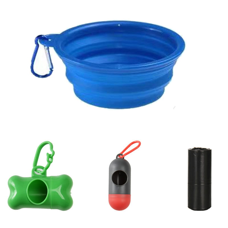 Blaue zusammenklappbare Silikon-Hundenapfschale mit Karabinerhaken für die tragbare Verwendung von Hundenflasche und Wasserspender.