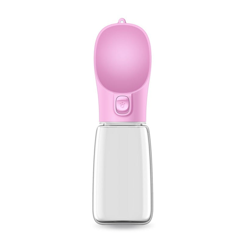 Tragbare Hundenflasche mit Wasserspender aus pinkfarbenem Silikon mit klarem Kunststoffsockel und Auslauf mit Druckknopf für eine einfache Flüssigkeitsaufnahme.