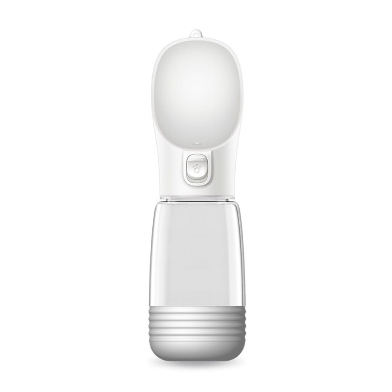 Tragbare Hundenflasche mit Wasserspender aus weißem und transparentem Kunststoff mit schlankem, ergonomischem Design und weichem Auslauf für ein bequemes Trinken.